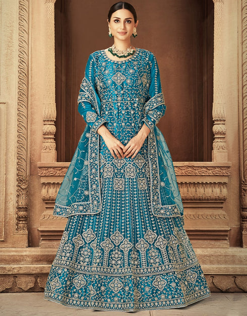 Sky Blue Anarkali style Anarkali Semi-Stitched Suits Salwar Kameez in Heavy Cording Embroidery, Zarkan Daimond & Lace Work