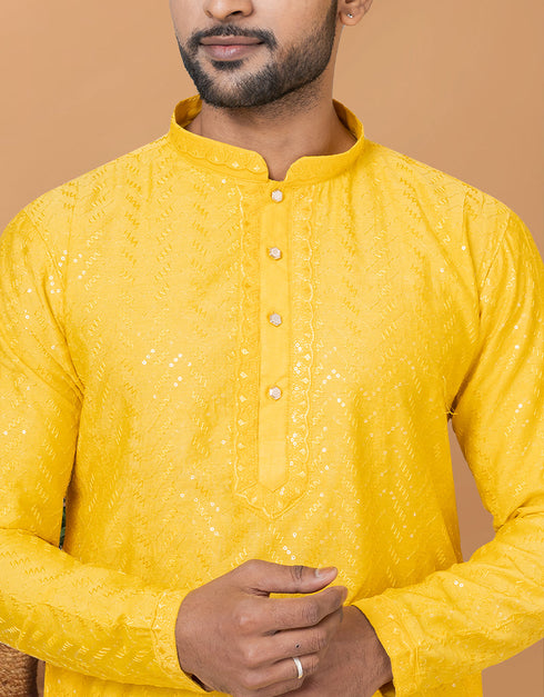Readymade Men's Kurta Pyjama Yellow Kurta Viscose Cotton Churidar Close-up View