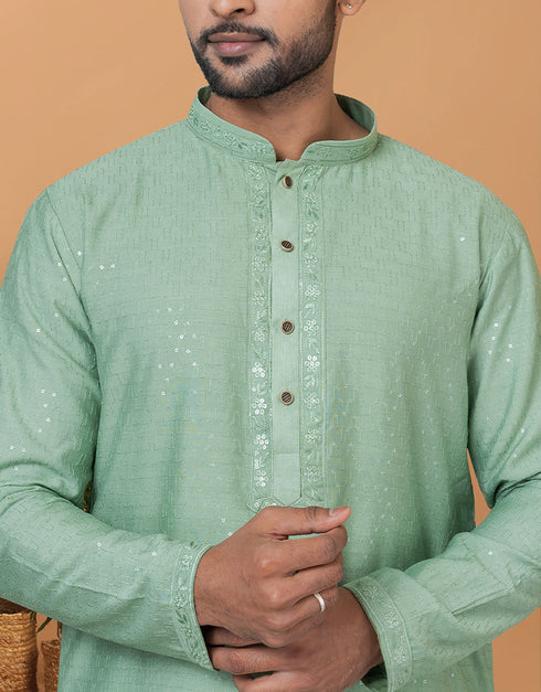 Readymade Men's Kurta Pyjama Pista Kurta Viscose Cotton Churidar Close-up View