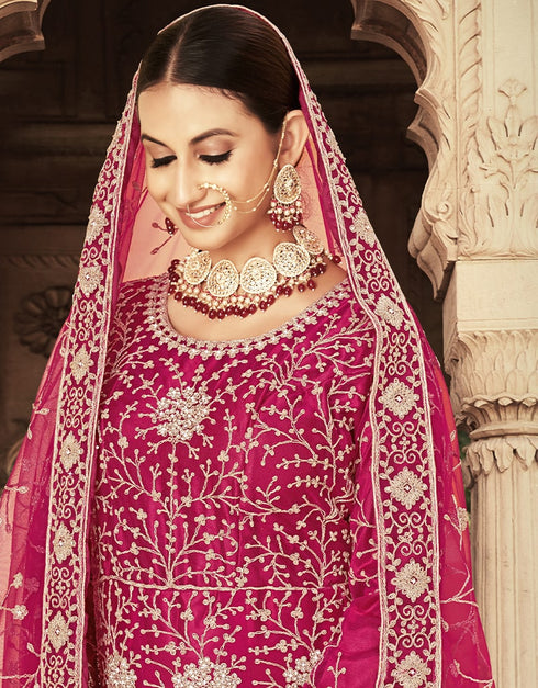 Pink Anarkali style Anarkali Semi-Stitched Suits Salwar Kameez in Heavy Cording Embroidery, Zarkan Daimond & Lace Work Closure View