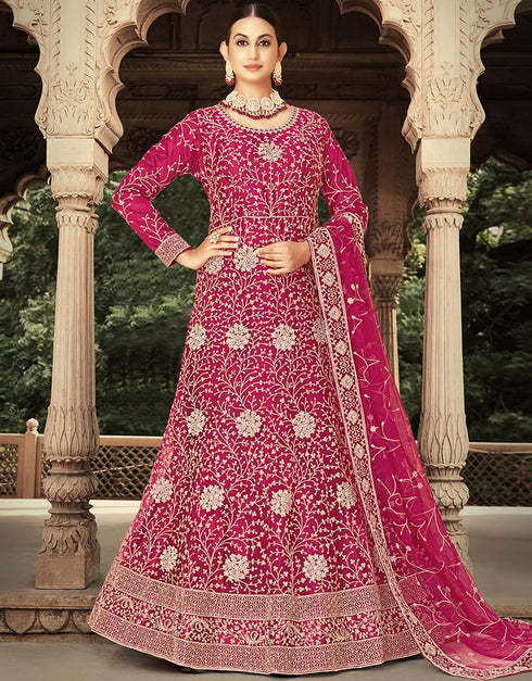 Pink Anarkali style Anarkali Semi-Stitched Suits Salwar Kameez in Heavy Cording Embroidery, Zarkan Daimond & Lace Work