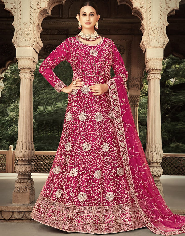 Pink Anarkali style Anarkali Semi-Stitched Suits Salwar Kameez in Heavy Cording Embroidery, Zarkan Daimond & Lace Work