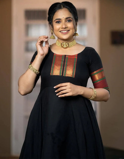 Black Black Color Weaving Zari Work Jacquard Silk Gown Closure View