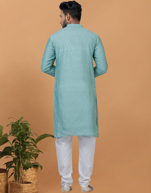 Readymade Men's Kurta Pyjama Blue Kurta Viscose Cotton Churidar Back View