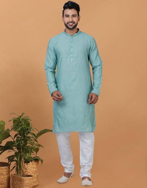 Readymade Men's Kurta Pyjama Blue Kurta Viscose Cotton Churidar Front View