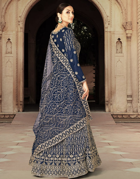 Blue Anarkali style Anarkali Semi-Stitched Suits Salwar Kameez in Heavy Cording Embroidery, Zarkan Daimond & Lace Work Closure View Embroidery