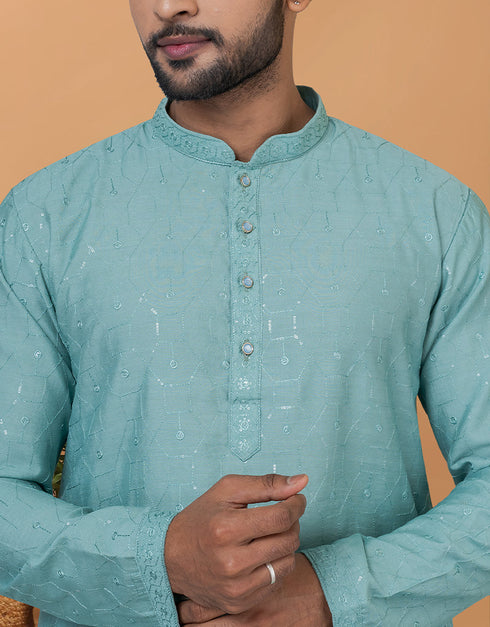 Readymade Men's Kurta Pyjama Blue Kurta Viscose Cotton Churidar Close-up View