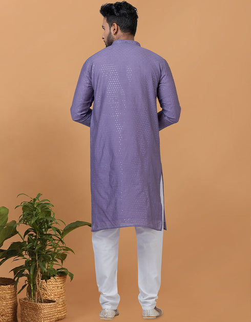 Readymade Men's Kurta Pyjama Purple Kurta Viscose Cotton Churidar Back View