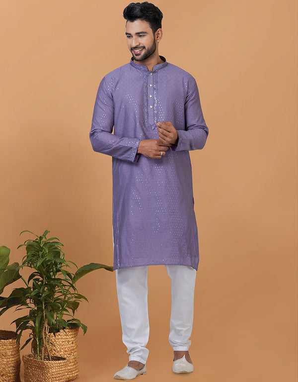 Readymade Men's Kurta Pyjama Purple Kurta Viscose Cotton Churidar Front View