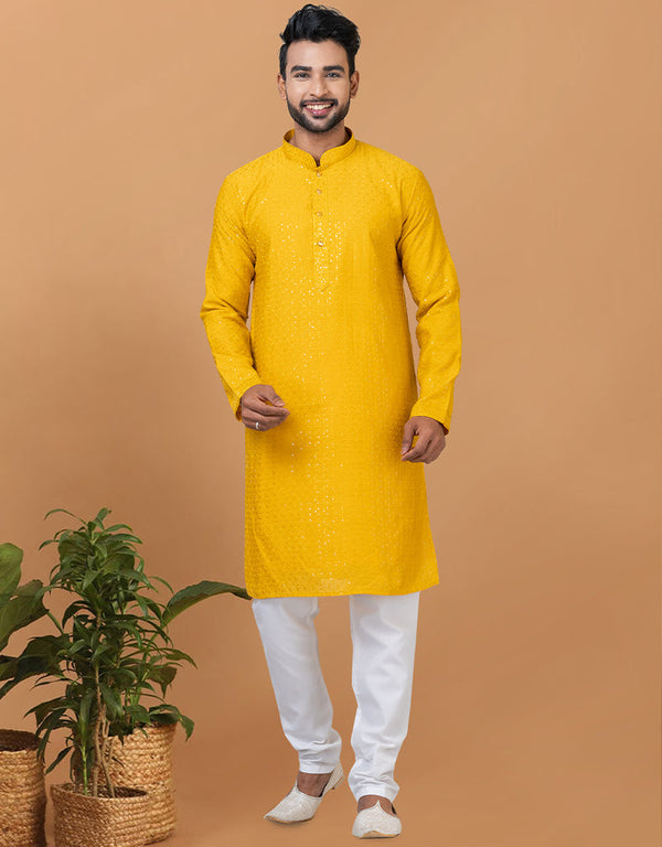 Readymade Men's Kurta Pyjama Mustard Kurta Viscose Cotton Churidar Front View