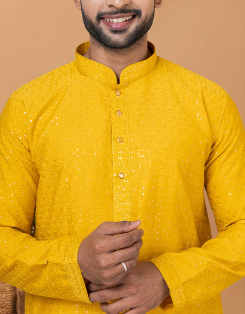 Readymade Men's Kurta Pyjama Mustard Kurta Viscose Cotton Churidar Close-up View