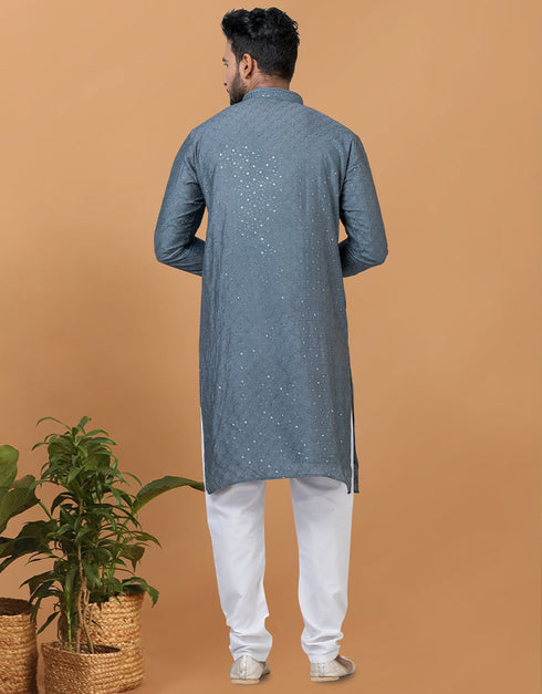 Readymade Men's Kurta Pyjama Grey Blue Kurta Viscose Cotton Churidar Back View