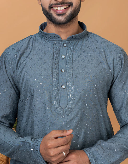 Readymade Men's Kurta Pyjama Grey Blue Kurta Viscose Cotton Churidar Close-up View
