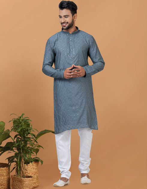 Readymade Men's Kurta Pyjama Grey Blue Kurta Viscose Cotton Churidar Front View