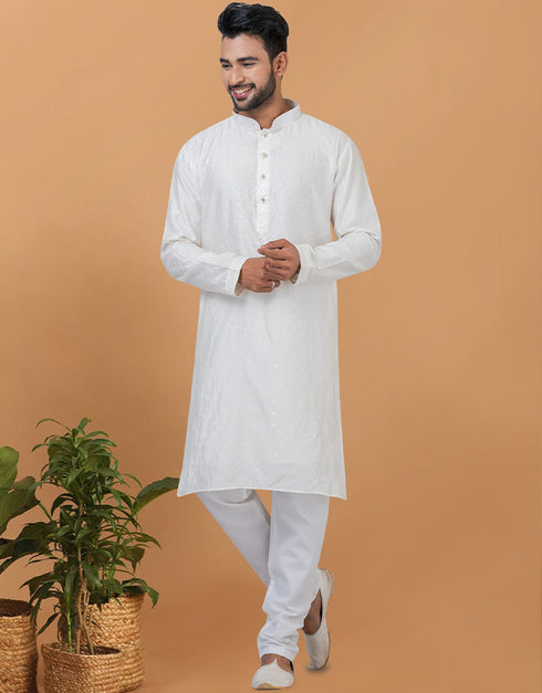 Readymade Men's Kurta Pyjama White Kurta Viscose Cotton Churidar Front View