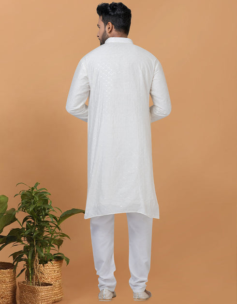 Readymade Men's Kurta Pyjama White Kurta Viscose Cotton Churidar Back View