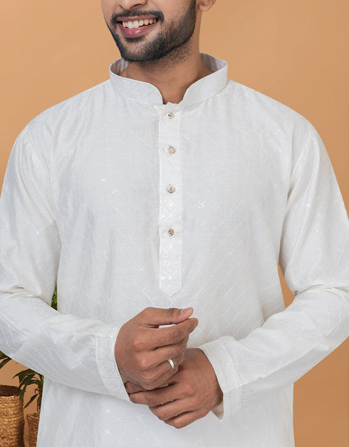 Readymade Men's Kurta Pyjama White Kurta Viscose Cotton Churidar Close-up View