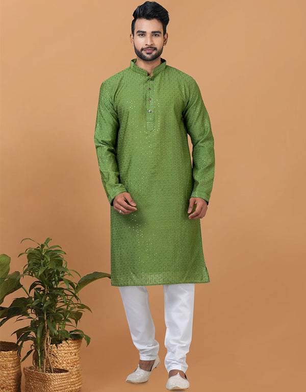 Readymade Men's Kurta Pyjama Olive Green Kurta Viscose Cotton Churidar Front View