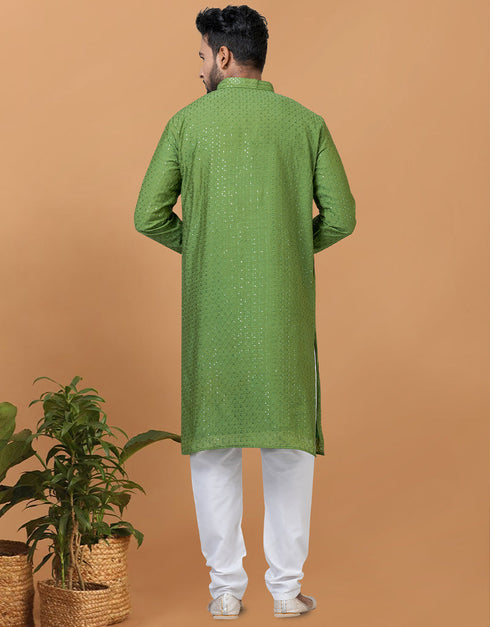 Readymade Men's Kurta Pyjama Olive Green Kurta Viscose Cotton Churidar Back View