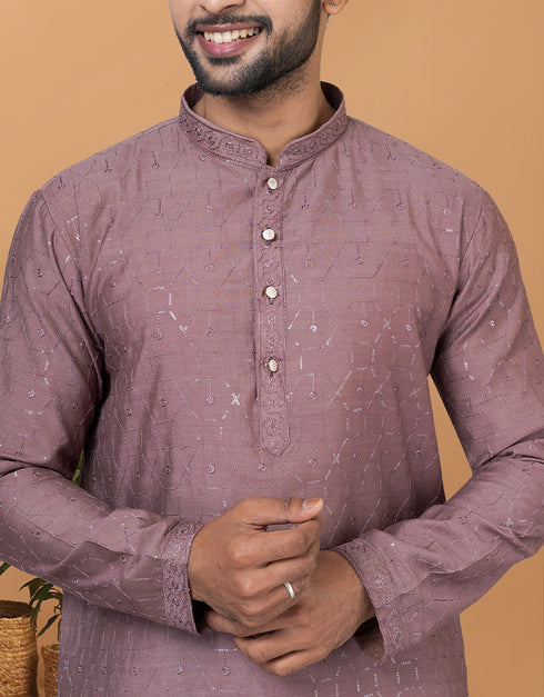Readymade Men's Kurta Pyjama Onion Pink Kurta Viscose Cotton Churidar Close-up View