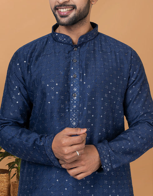 Readymade Men's Kurta Pyjama Navy Blue Kurta Viscose Cotton Churidar Back View