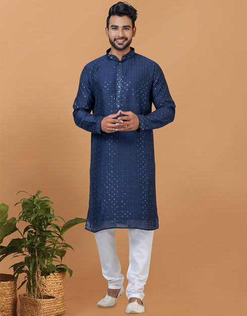 Readymade Men's Kurta Pyjama Navy Blue Kurta Viscose Cotton Churidar Front View
