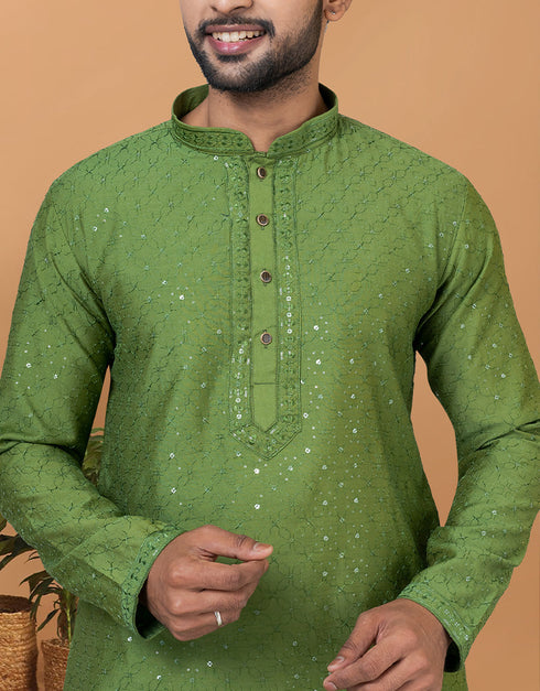 Readymade Men's Kurta Pyjama Olive Green Kurta Viscose Cotton Churidar Close-up View