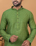 Readymade Men's Kurta Pyjama Olive Green Kurta Viscose Cotton Churidar Close-up View