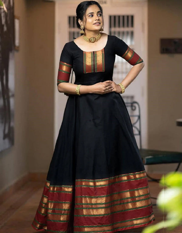 Black Black Color Weaving Zari Work Jacquard Silk Gown