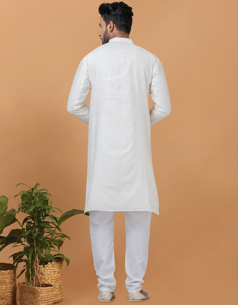 Readymade Men's Kurta Pyjama White Kurta Viscose Cotton Churidar Close-up View