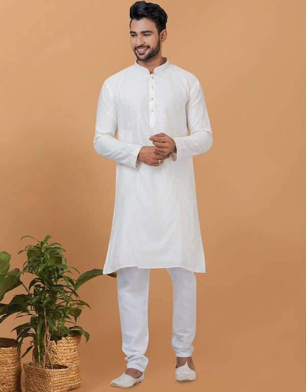 Readymade Men's Kurta Pyjama White Kurta Viscose Cotton Churidar Front View