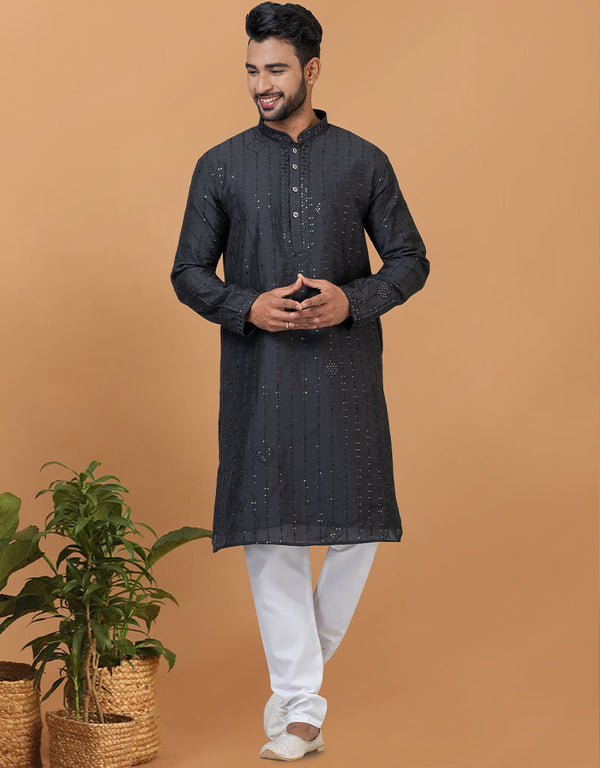 Readymade Men's Kurta Pyjama Black Kurta Viscose Cotton Churidar Front View