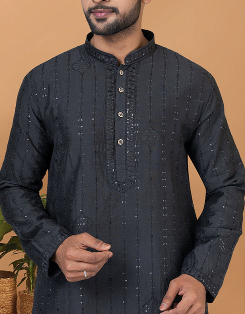 Readymade Men's Kurta Pyjama Black Kurta Viscose Cotton Churidar Close-up View