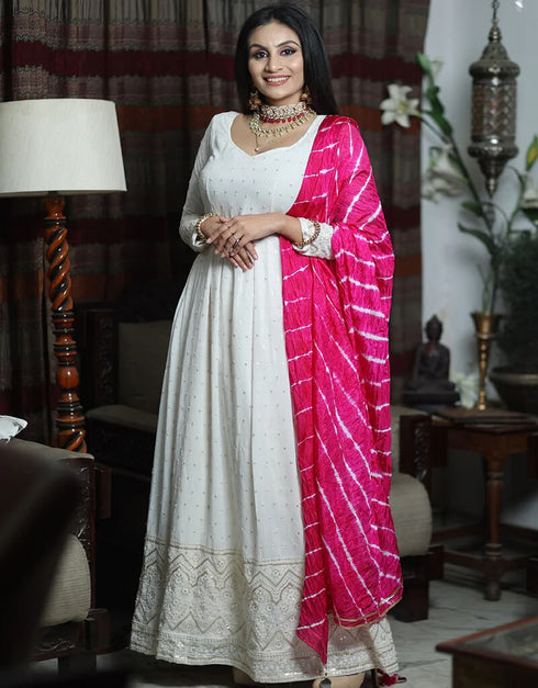 White White Color Chikankari Lucknowi Gown With Leheriya Dupatta