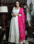 White White Color Chikankari Lucknowi Gown With Leheriya Dupatta