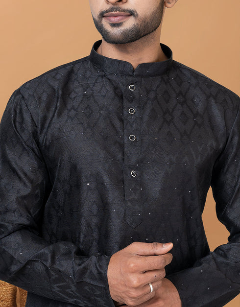 Readymade Men's Kurta Pyjama Black Kurta Silk Churidar Close-up View
