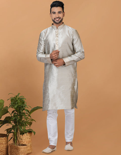 Readymade Men's Kurta Pyjama Grey Kurta Silk Churidar Front View
