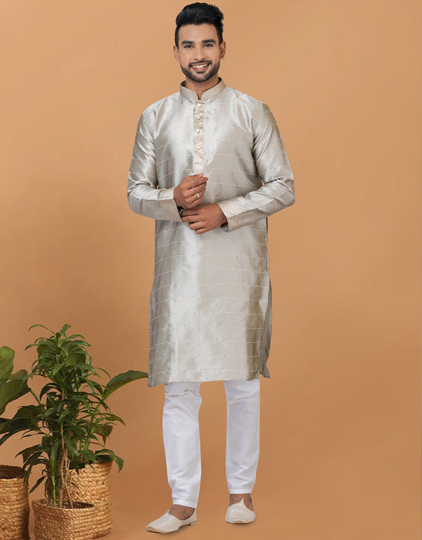 Readymade Men's Kurta Pyjama Grey Kurta Silk Churidar Front View