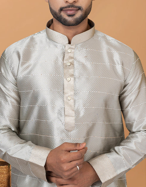 Readymade Men's Kurta Pyjama Grey Kurta Silk Churidar Close-up View
