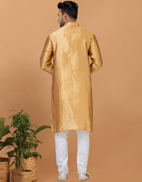 Readymade Men's Kurta Pyjama Golden Kurta Silk Churidar Back View