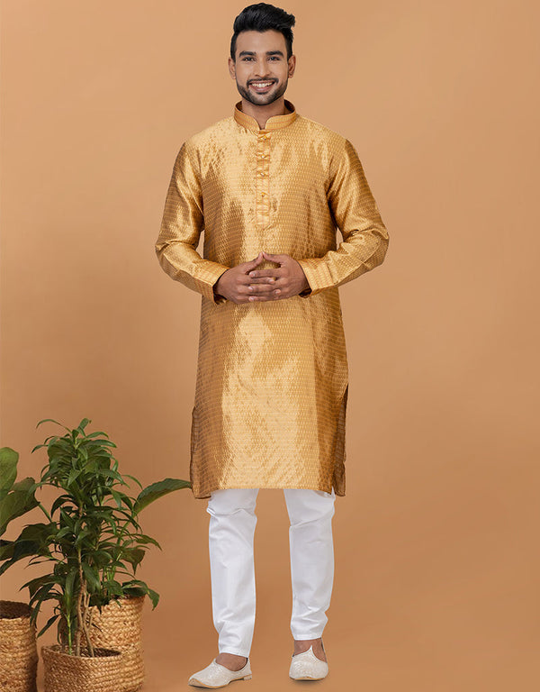 Readymade Men's Kurta Pyjama Golden Kurta Silk Churidar Front View