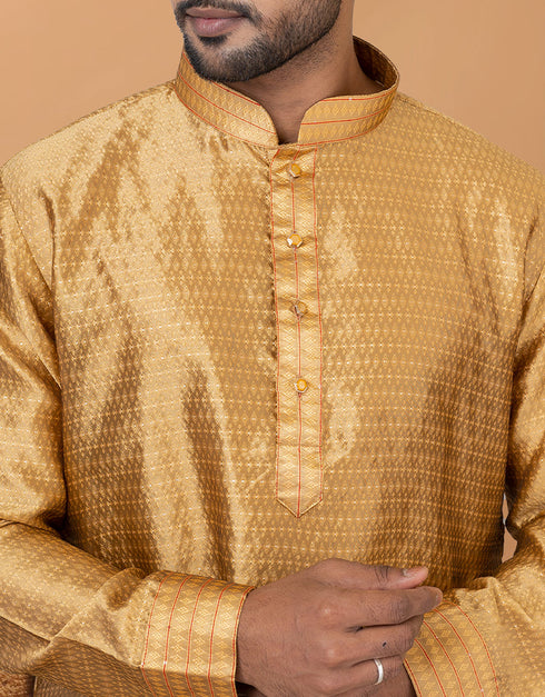 Readymade Men's Kurta Pyjama Golden Kurta Silk Churidar Close-up View