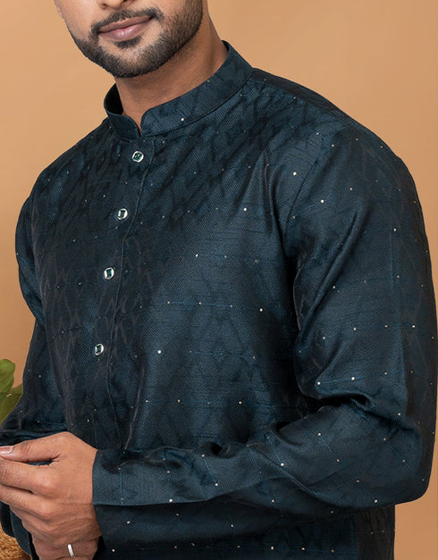 Readymade Men's Kurta Pyjama Teal Green Kurta Silk Churidar Close-up View