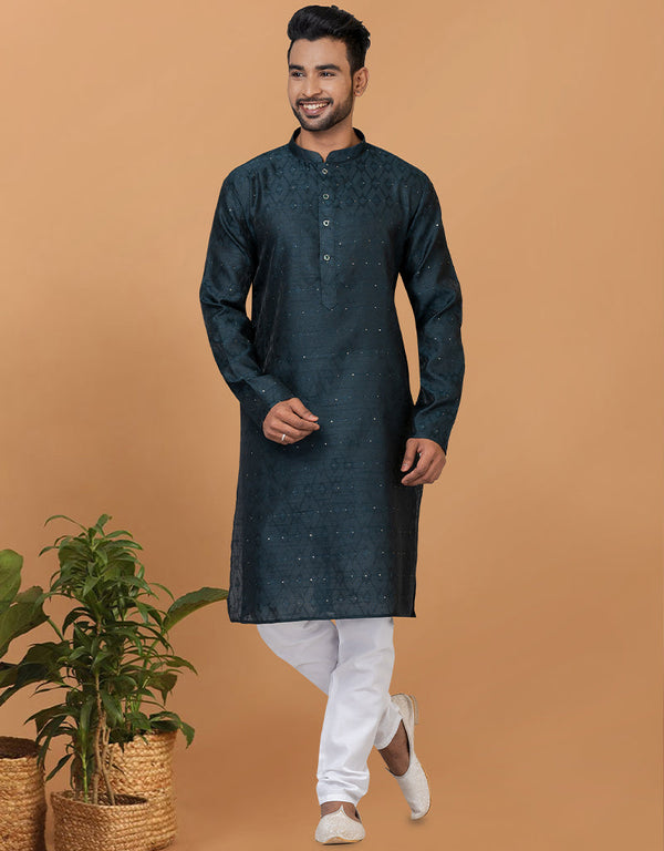 Readymade Men's Kurta Pyjama Teal Green Kurta Silk Churidar Front View