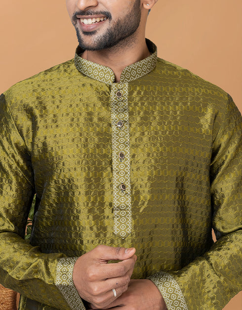 Readymade Men's Kurta Pyjama Mehendi Green Kurta Silk Churidar Close-up View