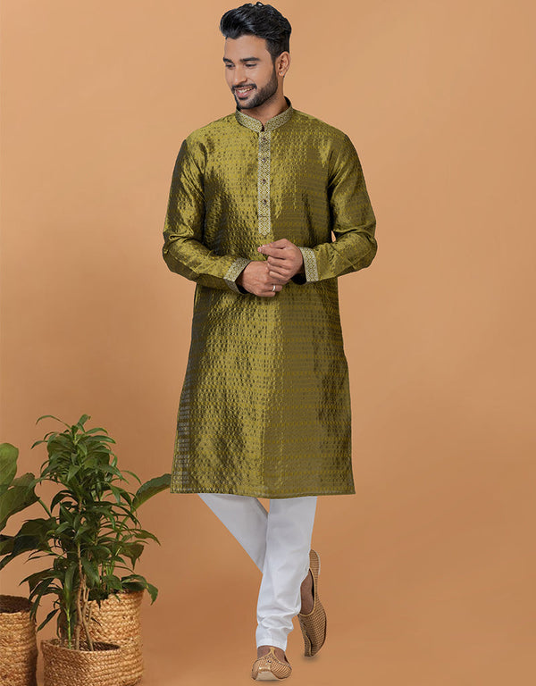 Readymade Men's Kurta Pyjama Mehendi Green Kurta Silk Churidar Front View