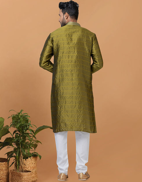 Readymade Men's Kurta Pyjama Mehendi Green Kurta Silk Churidar Back View