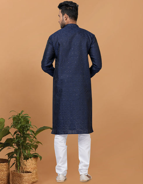 Readymade Men's Kurta Pyjama Navy Blue Kurta Silk Churidar Back View