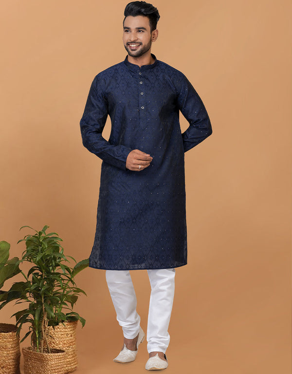 Readymade Men's Kurta Pyjama Navy Blue Kurta Silk Churidar Front View