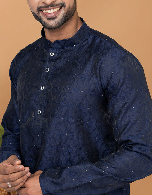 Readymade Men's Kurta Pyjama Navy Blue Kurta Silk Churidar Close-up View